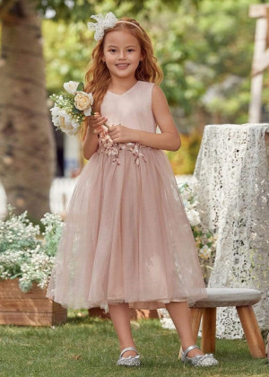 Blush Satin Tulle Sequin Appliques Flower Girl Dress Photoshoot Dress